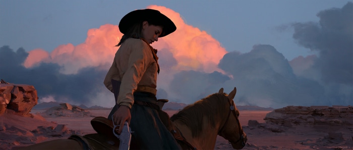 Cowgirl on a horse with a gun at sunset