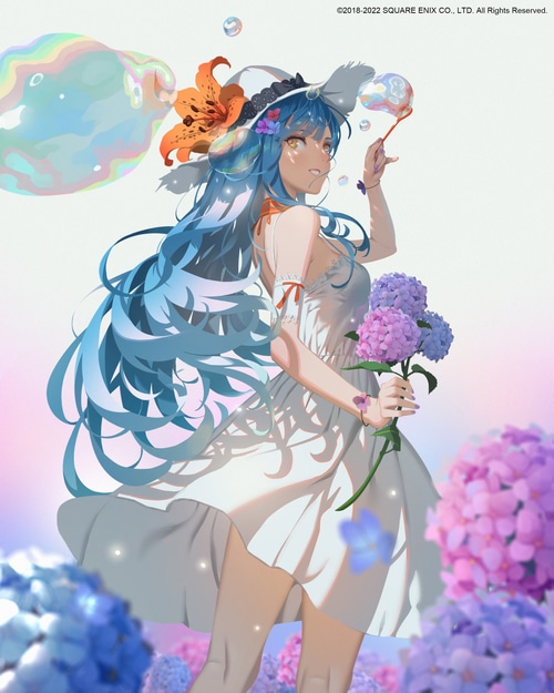 Girl with blue hair blowing bubbles in a hydrangea field