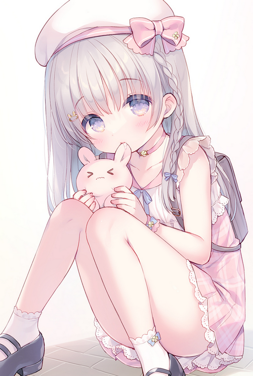 Girl with gray hair holding a pink bunny plush