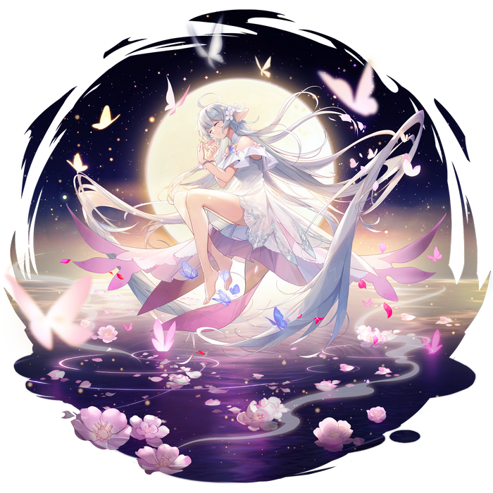 Anime girl with wings and butterflies under the moon
