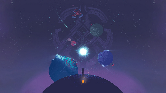 Outer Wilds artwork of a person looking at planets and a space structure