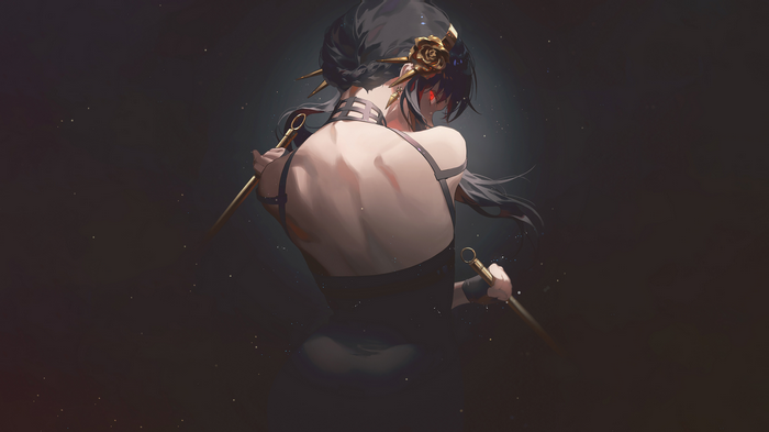 Yor Forger with red eyes and daggers