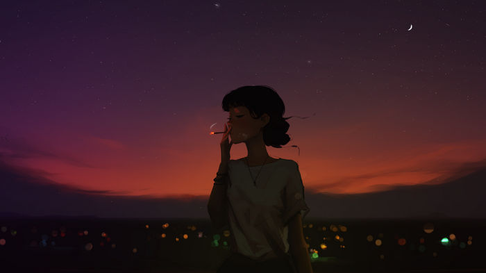 Girl smoking at night with city lights and stars