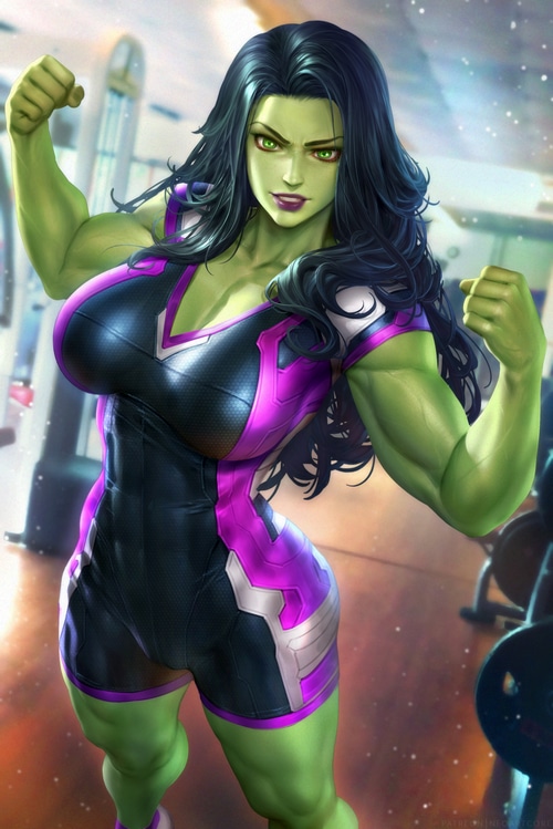 She-Hulk flexing in a gym
