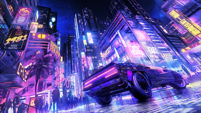 Cyberpunk City at Night with Futuristic Car
