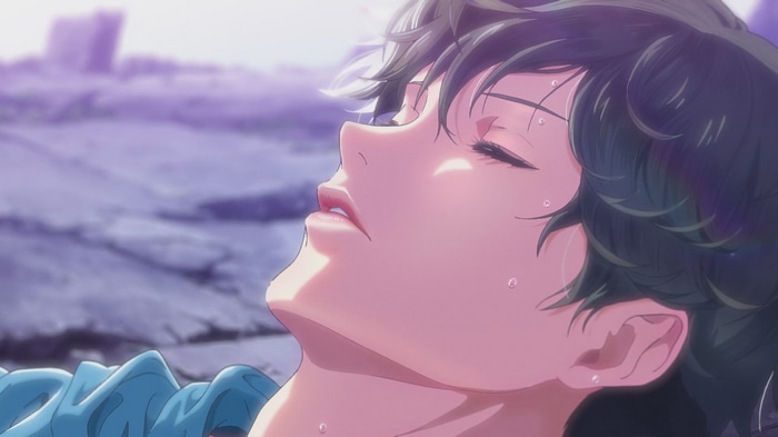 Sakuga screenshot of a wet anime boy