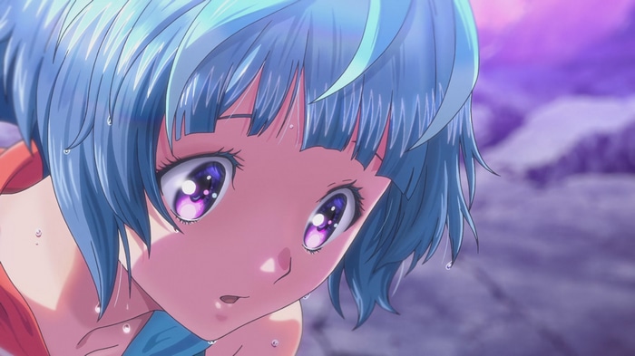 Uta with blue hair and purple eyes