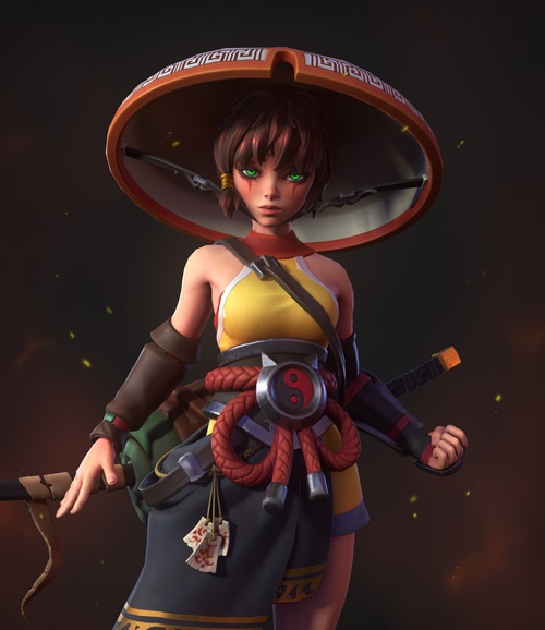 Fantasy girl with Yin and Yang symbol and sword