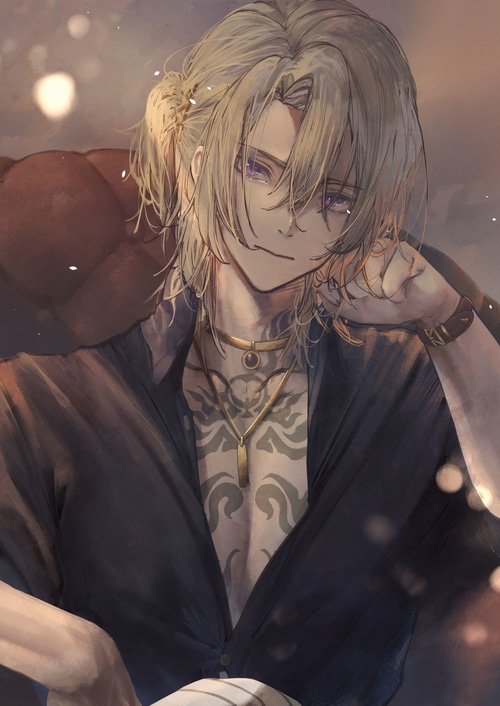 Luca Kaneshiro with tattoos and necklaces