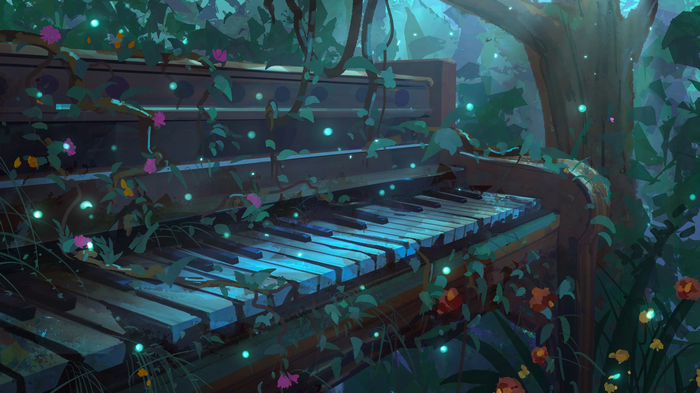 Overgrown piano in a magical forest