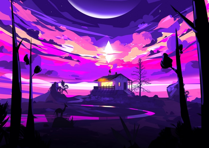 4K abstract nightscape with a motel and clouds