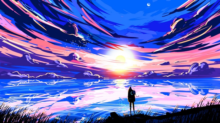 Nafay watches a colorful sunrise over a lake