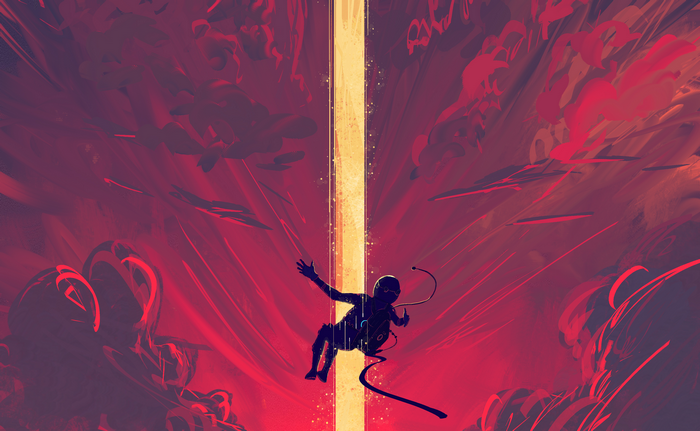 Astronaut falling through a golden beam