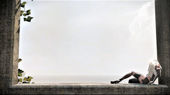 A2 from Nier: Automata sits by a window