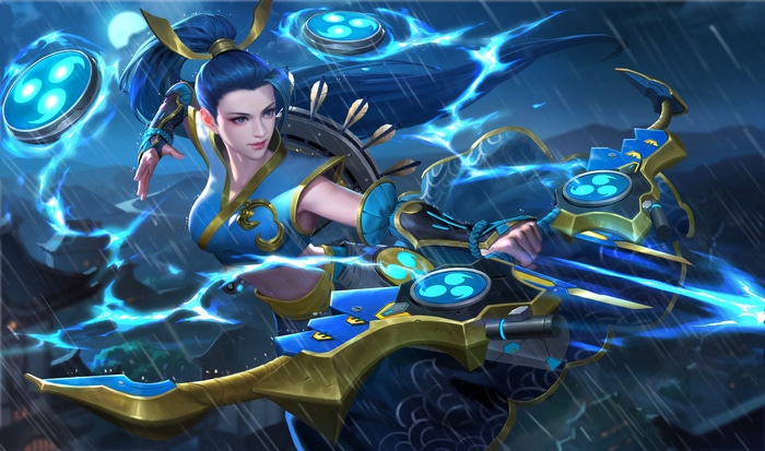 Asian woman with blue hair holding a bow