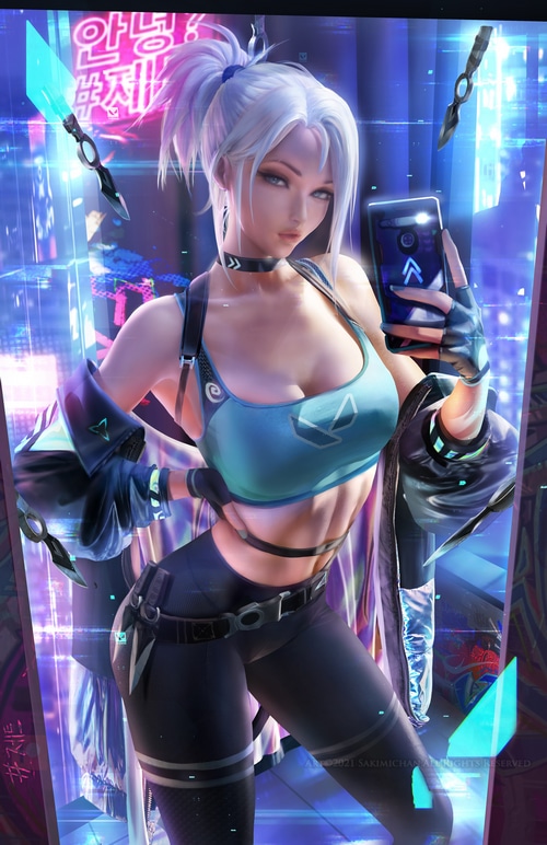 Jett from Valorant taking a selfie with knives