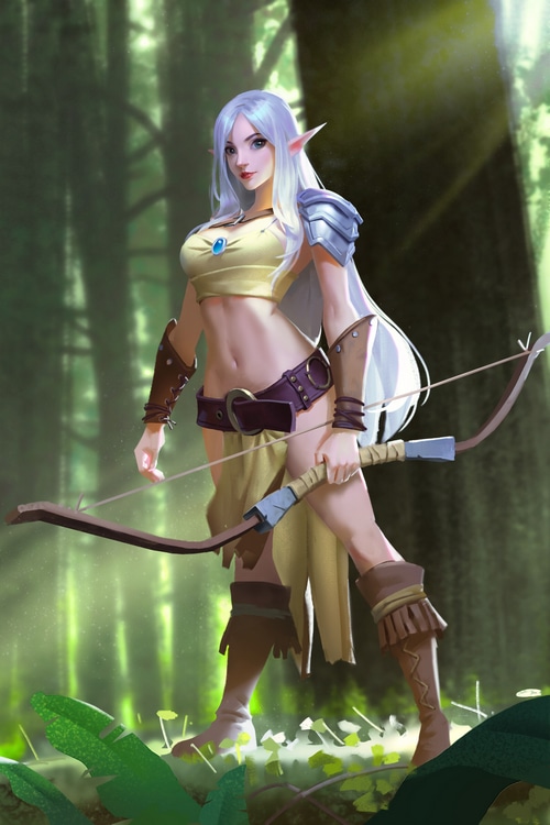 Fantasy elf archer with bow in a forest