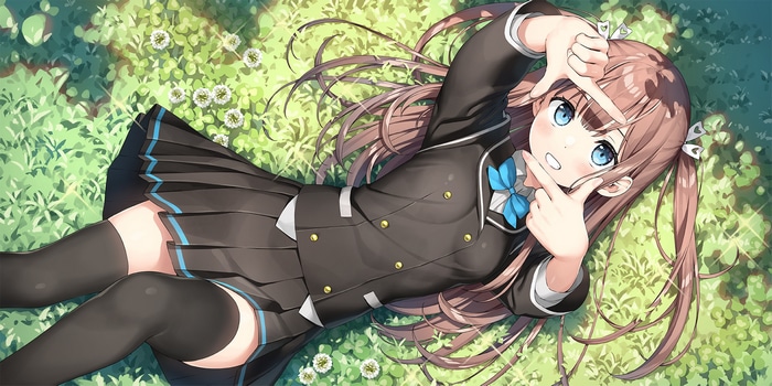 Anime girl with blue eyes lying on grass
