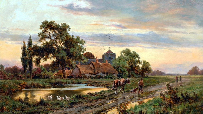 Landscape painting by Henry H. Parker with cottages and a church