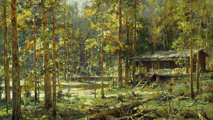 Painting of a cabin in a sunlit forest by Yury Vasendin