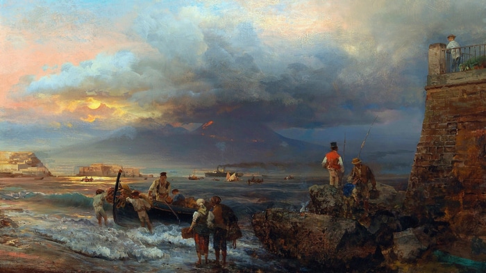 Oswald Achenbach's Painting of a Coastal Scene with Mount Vesuvius