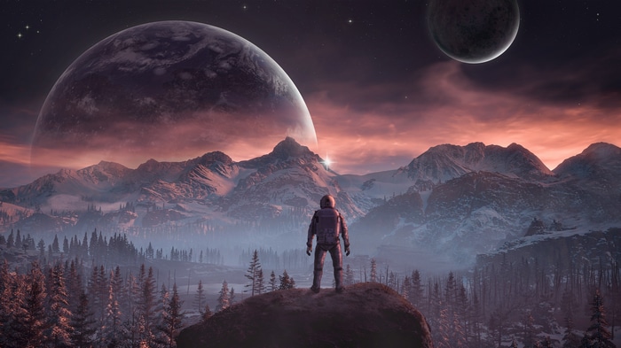 Astronaut on a snowy mountain overlooking planets