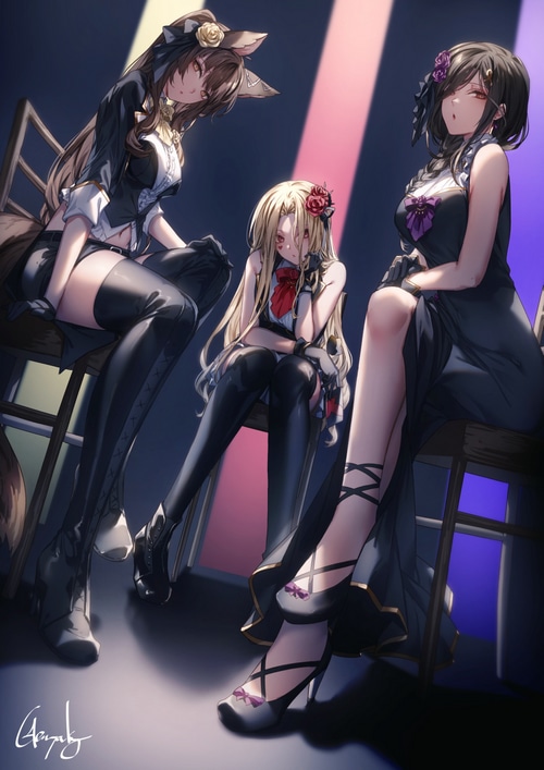 Three women with animal ears and thigh-highs