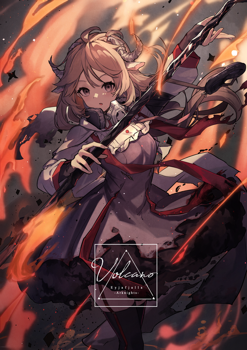 Eyjafjalla from Arknights with a staff and fire