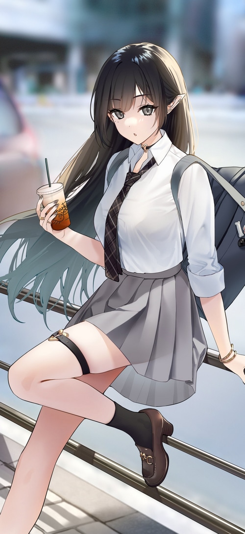 Anime girl with pointy ears in school uniform holding a drink