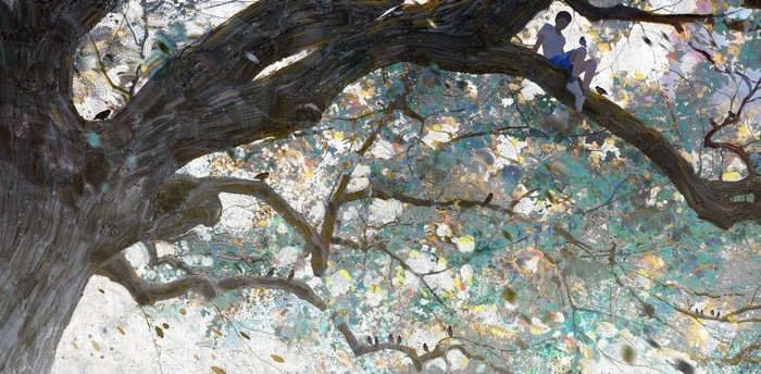 Digital art of a person sitting on a tree branch
