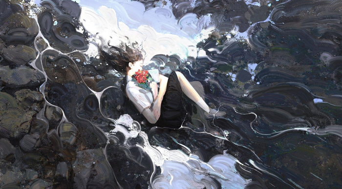 Woman in School Uniform with Flowers Lying Down