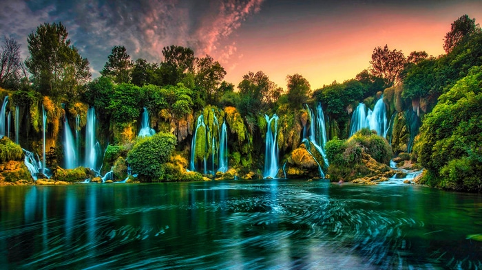 Kravica waterfall in Bosnia and Herzegovina at sunset