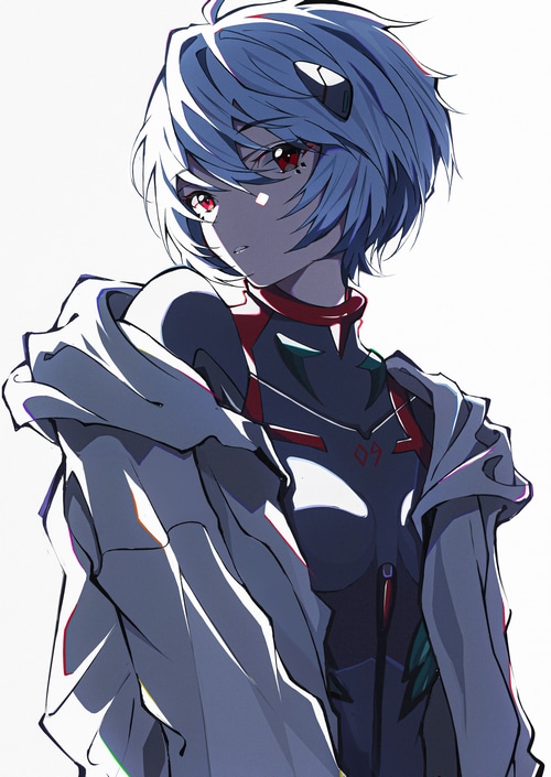 Rei Ayanami in a white hoodie and plugsuit