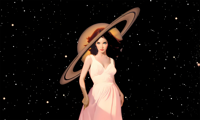 Woman in a dress with Saturn in space