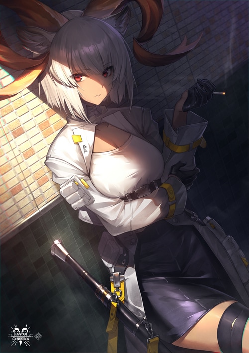 Carnelian from Arknights smoking with animal ears