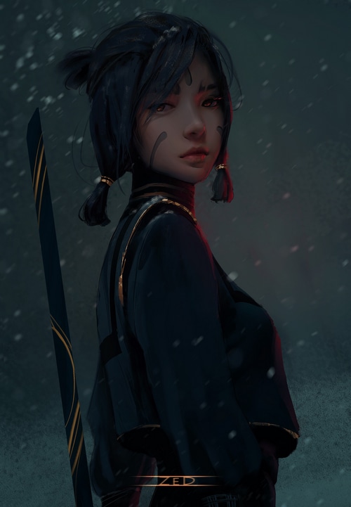 Woman with dark hair and face paint holding a weapon