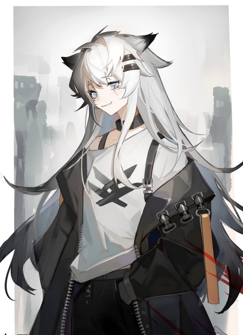Arknights anime character with white hair and animal ears