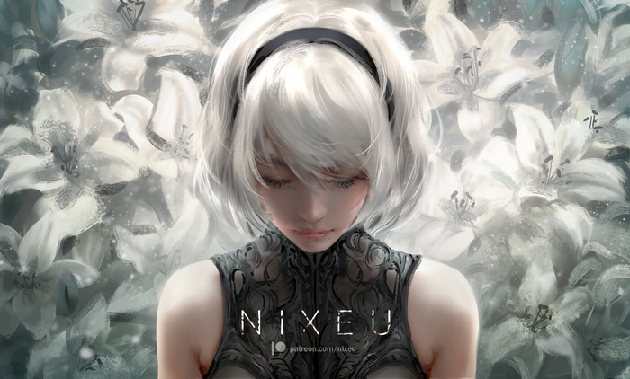 2B from Nier surrounded by white lilies