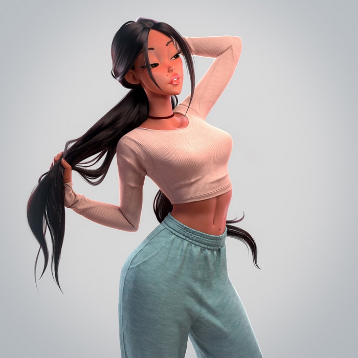 Woman with dark hair pulling her hair