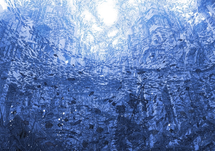 Underwater city teeming with fish and light