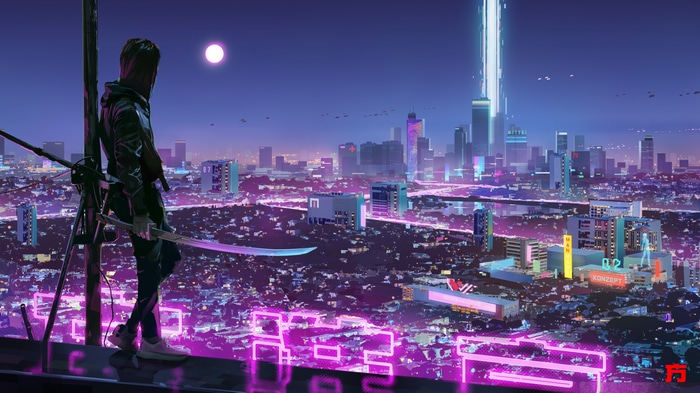 Cyberpunk city at night with a person holding a katana