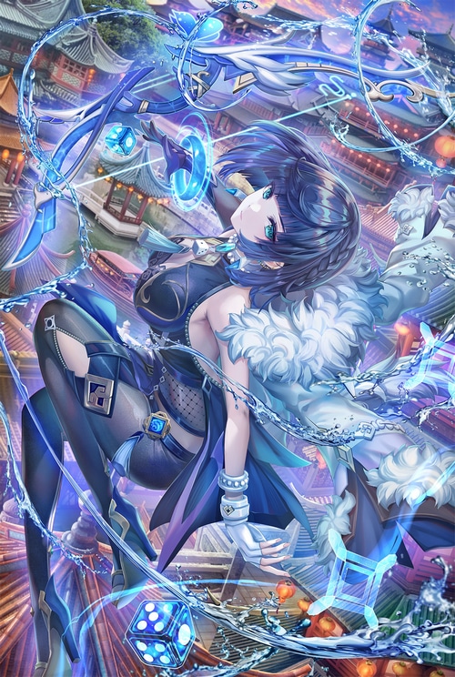 Yelan from Genshin Impact with blue hair and eyes