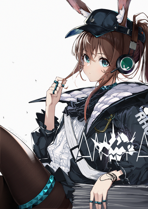 Amiya from Arknights with bunny ears and headphones