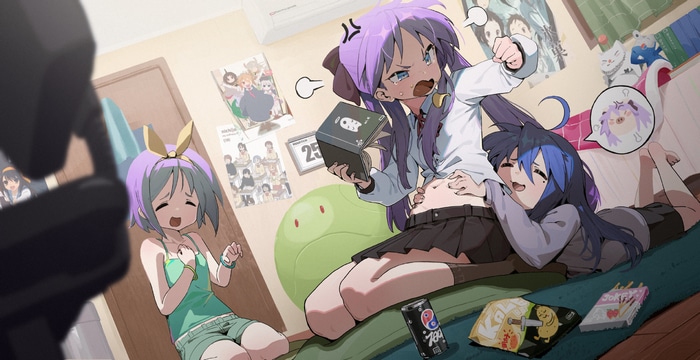 Lucky Star characters in a room with books and drinks