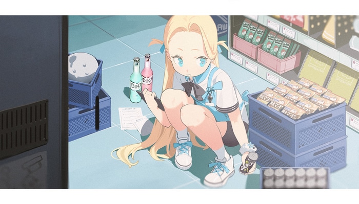 Girl with blonde hair and blue eyes in a convenience store