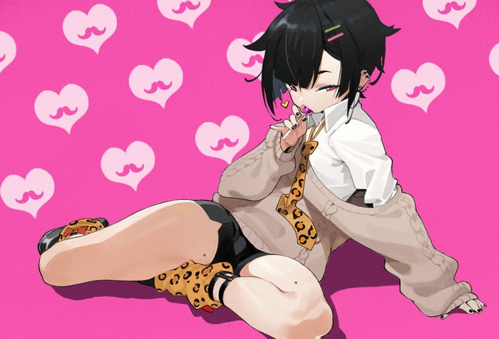 Anime girl with red eyes and leopard print socks
