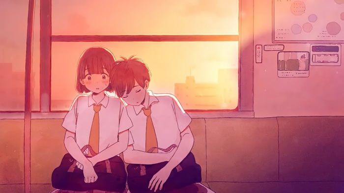Anime couple in school uniforms on a train at sunset