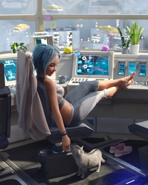 Woman with blue hair and cat in futuristic room