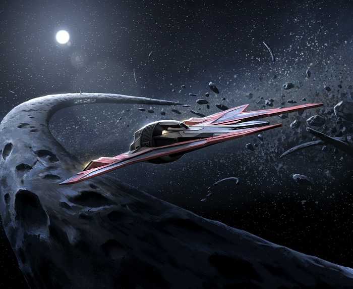 Star Wars spaceship in an asteroid field