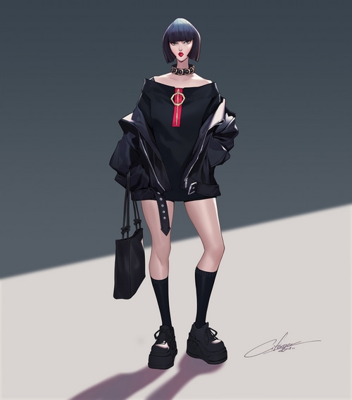 Woman in black clothing with dark hair and red lipstick
